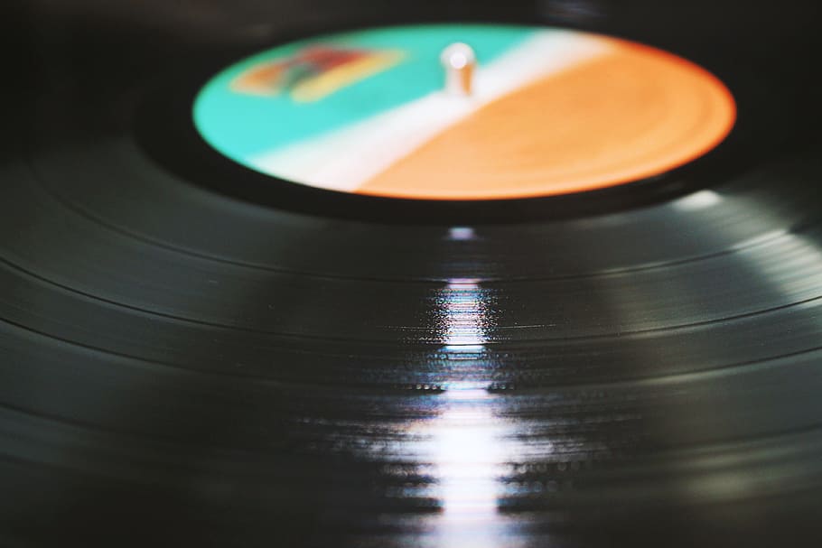 Černá, vinylový disk, album, detail, hudba, plastický, odraz, kolo, lesklý, zvuk, vinyl