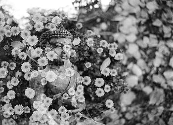 grayscale photography, gautama buddha statuette, grayscale, Buddha, flower, buddhism, religion, spiritual, meditation, asian, zen