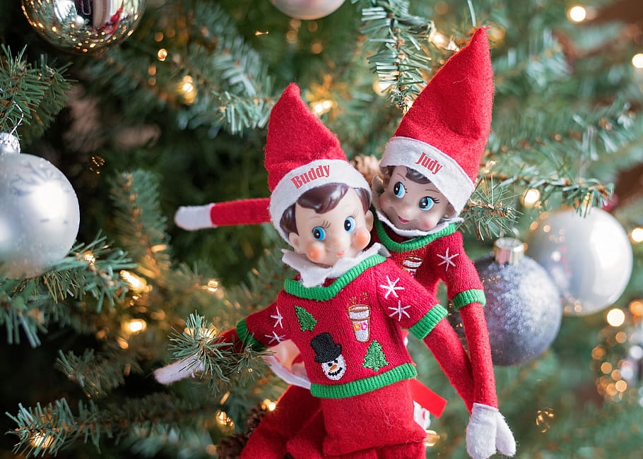 selective, focus photo, silver baubles, elf on a shelf, christmas, elf, winter, happy