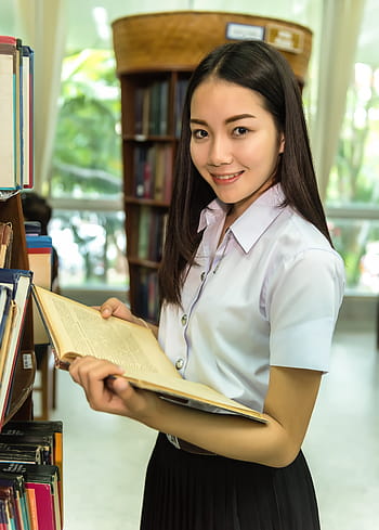 woman, whiteblouse, black, shirt, holding, book, library, students, study of, classmate, academic