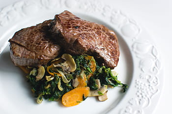 excellent, beef steak, vegetables, beef, close up, healthy, meat, paleo, steak, white background, food