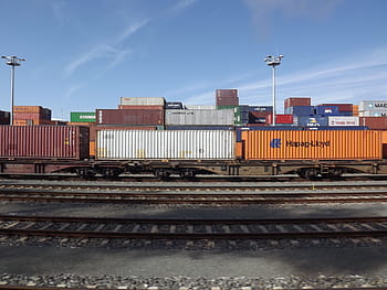 red, white, orange, shipment container, railways, freight train, freight transport, transport of goods, traffic, train, gleise