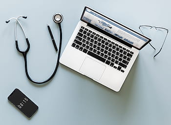 silver macbook, stethoscope, pen, aerial, cardiac, care, checkup, clinical, computer, cure, device