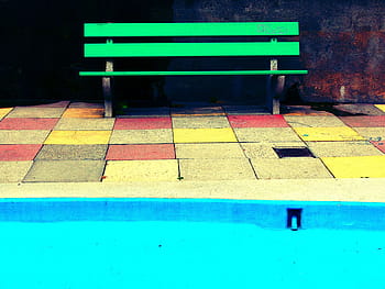 foto, groen, houten, bank, naast, muur, blauw, zwembad, tegels, helder, geel