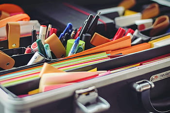canetas, lápis, papelaria, arquivos, negócios, pasta, escritório, trabalho