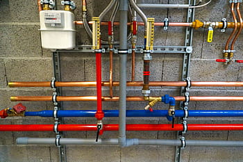 detailní, fotografie, různé barevné trubky, potrubí, instalatérské práce, instalatér, hadice