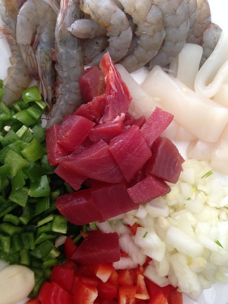 vegetables, seafood, paella, food, rice, pepper, spanish food, spain, saffron, conine spanish