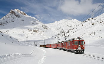 red, train, snow, blue, sky, railway, bernina railway, lagalb, bernina, winter, electric locomotive