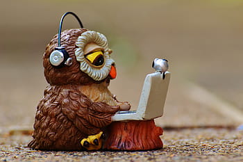 brown, white, ceramic, owl, wearing, black, headphones figurine, computer, headphones, funny, laptop
