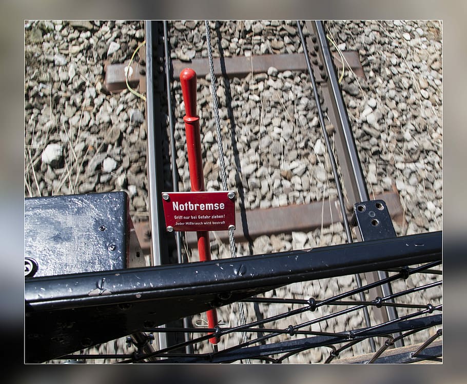 Emergency Brake, Rail, stanserhornbahn, train, track, railway, railroad track, gravel, text, indoors, day
