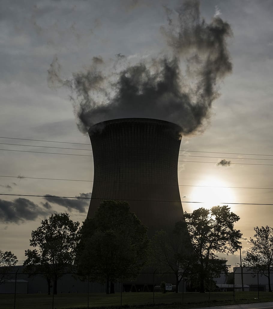 Cooling Tower, Steam, Silhouette, Sunset, industry, electricity, industrial, station, sky, overcast, energy