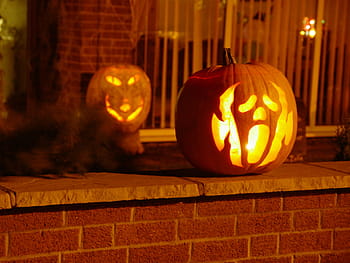 lighted, jack-o-lanterns, brick wall, halloween, halloween party, scary, pumpkin, spooky, october, happy halloween, ghost