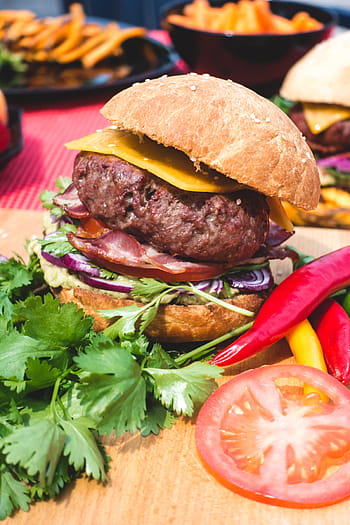 čedar, slanina, guacamole, hamburger, hovězí, zblízka, barvitý, grilování, domácí výroba, maso, mimo
