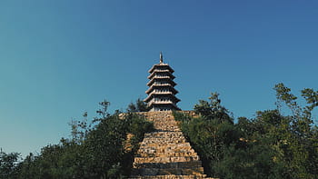 szürke, pagoda templom, felső, hegy, tájékozódási pont, építészet, szerkezet, helyek, utazás, fák, pagoda