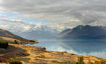 scenic, mountain, landscape, lake, water, nature, outdoors, travel, explore, clouds, road