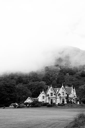 gråtonebillede, hus, grå, vægt, fotografering, bygning, struktur, Sky, himmel, træ, natur