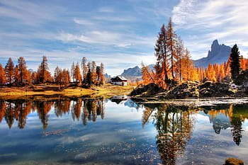 landscape photography, lake, casting, reflection, brown, rocks, leaf trees, white, house, dolomites, mountains