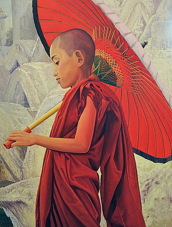 umění, mladý, mnich, buddhista, náboženství, buddhismus, Myanmar, deštník