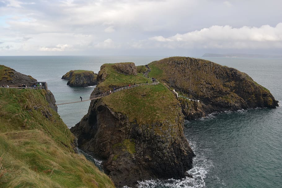 ptačí oko, prohlížení fotografie, hnědý, zelená, monolit, carrick-a-rede, Severní Irsko, Příroda, skály, moře, lanový most