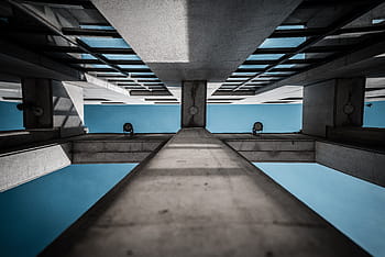 bottom-view photo, gray, building, architecture, infrastructure, blue, sky, skyscraper, tower, indoors, flooring