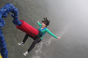extremely unusual conditions, jumping, bridge, landscape, bungee