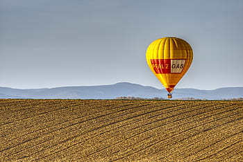 yellow, red, hot, air balloon, daytime, balloon, hot air balloon, field, landscape, blue sky, hot air balloon ride