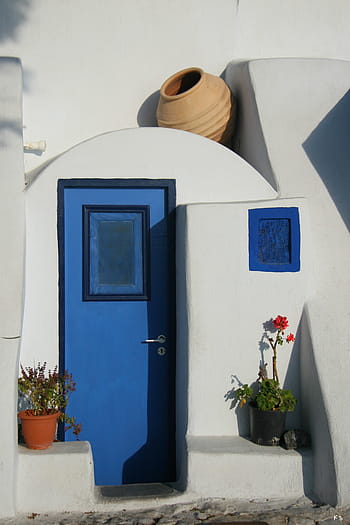 Zavřeno, modrý, dveře, bílý, budova, santorini, řecký ostrov, Kyklady, caldera, bílé domy, Řecko