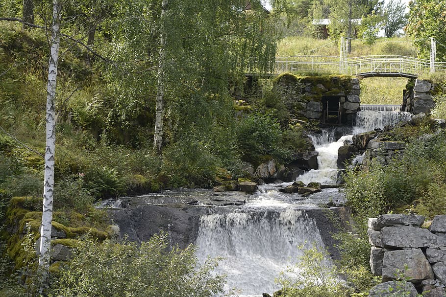 sweden, waterfall, green, trees, water, nature, forest, landscape, water flow, bridge, sheet