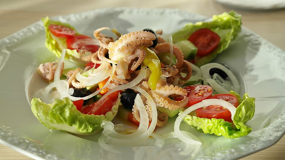 chobotnice jídlo, Ryba, oliheň, chobotnice, kalamáry, salát, okurka, rajče, paprika, chutný, Lahodné
