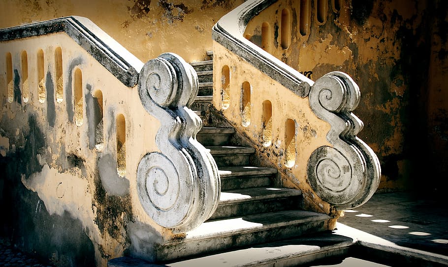 béžový, bílý, beton, schodiště, schody, barokní, jih Francie, provence, středomoří, architektura, Francie