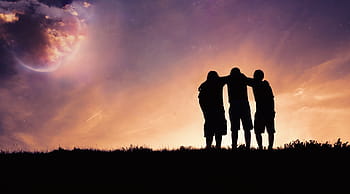 three, men, standing, top, hill, silhouette, person, sunset, nature, friends, group