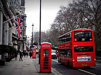 red, double, decker bus, phone booth, street, london, phone, cabin, red bus, double-Decker Bus, london - England