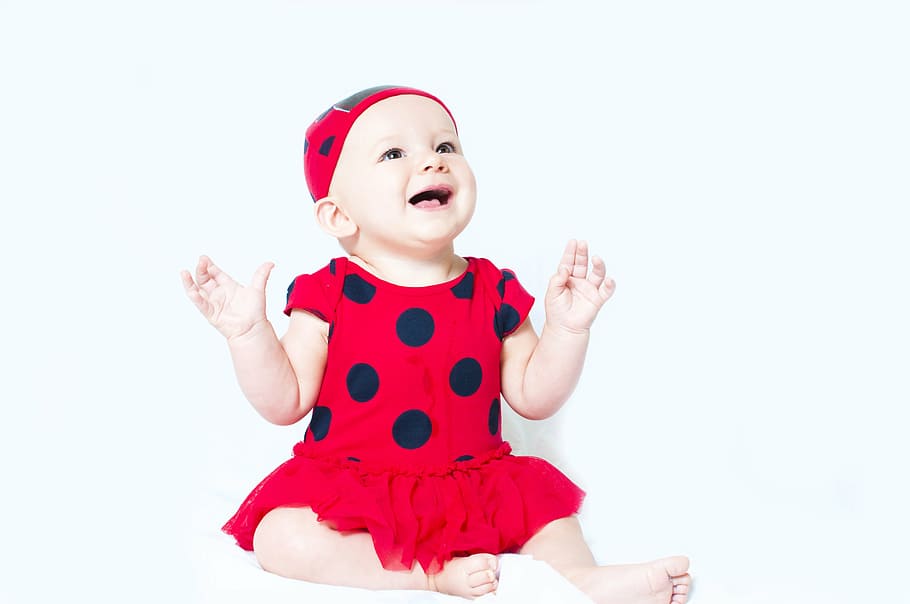dítě, Červené, Černá, polka-dot košile šaty, portrét, roztomilý, šťastný, dívka, mladý, kavkazský, málo