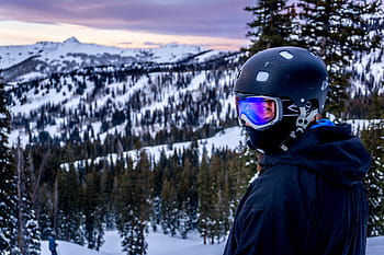 man, looking, sideways, wearing, black, helmet, front, snow mountain, snow, winter, mountain