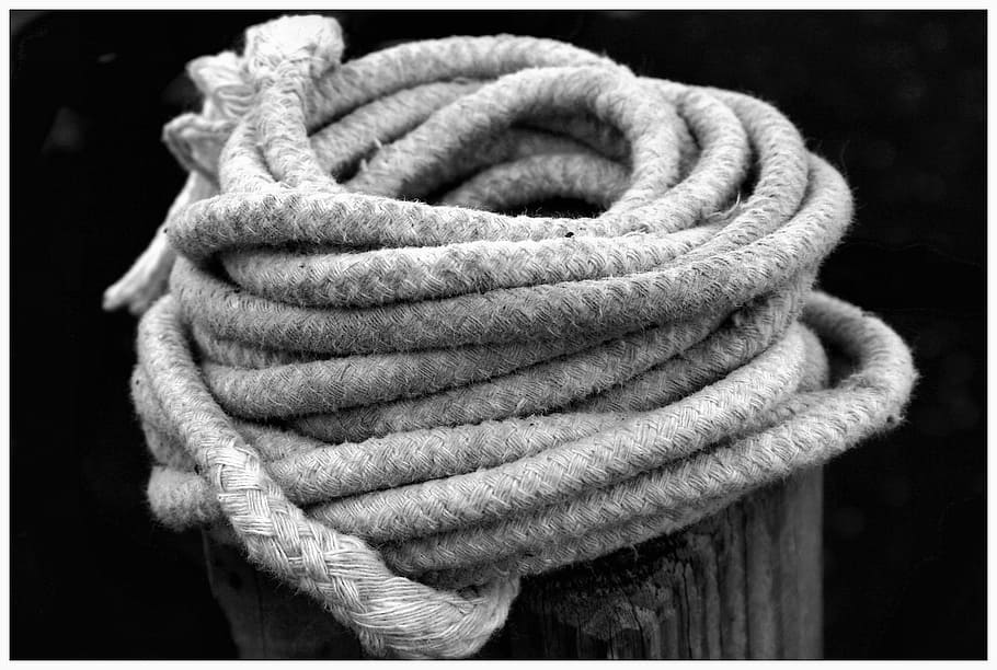 rope, coils, hemp, post, black white