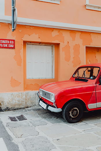 4, mobil, oldtimer, merah, jalan, isola, Eropa, Vintage, mengangkut, tua, Renault
