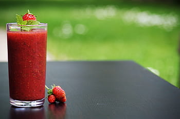 clear, drinking glass, full, strawberry juice, smoothie, fruit, beverage, drink, health, strawberry, freshness