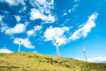 white wind turbine, green, grass, grassland, mountain, landscape, nature, field, farm, blue, sky
