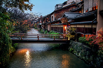 bridge, river, Kyoto, Autumnal, Leaves, autumn, autumnal leaves, shirakawa, tradition, landscape, at dusk