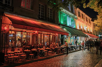 group, people, sitting, awning, paris, night, france, romantic, illuminated, montmartre, city