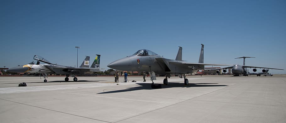 nás letectvo, f-15, orel, c-5 galaxie, f-15, orel, letiště, venku, přeprava, den, čisté nebe