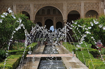 kašna, budova, alhambra, zdroj, andalusie, granada, voda, patio, Španělsko
