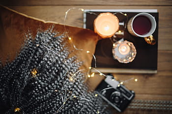 カメラ、 マグカップ、 お茶、 本、 古い、 ヴィンテージ、 写真、 hygge、 アナログ、 フェアリーライト、 昔ながらの