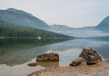 krajinářské fotografie, řeka, hora, jezero, u, voda, odraz, skály, balvany, stromy, les