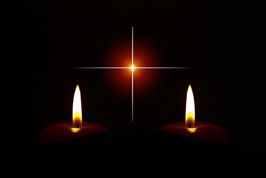two enlightened candles, mourning, candle, obituary, die, death, dead, sadness, cross think, religion, christian