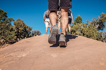 man, walking, mountain, four, person, high, ground, place, blue, sky, people