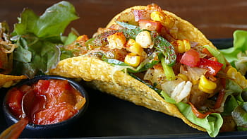 taco, verdure, Mais, salsa, pomodoro, chicchi di mais, tacos, messicano, mangiare, delizioso, pranzo