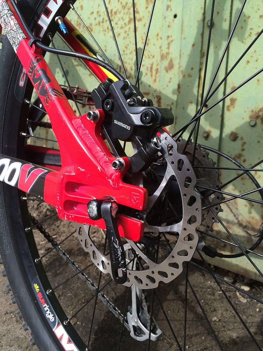 freno, gli sport, Mountain bike, bicicletta, ruota, ha parlato, rosso, pedale, pneumatico