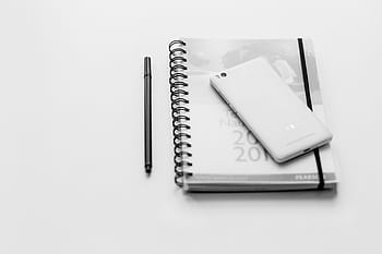 white, android smartphone, gray, spiral book, black, pen, notebook, mobile, black and white, phone, smartphone