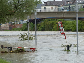 人、 傘、 歩く、 ブリッジ、 昼間、 高水、 道路、 ロックされている、 損傷、 洪水被害、 破壊